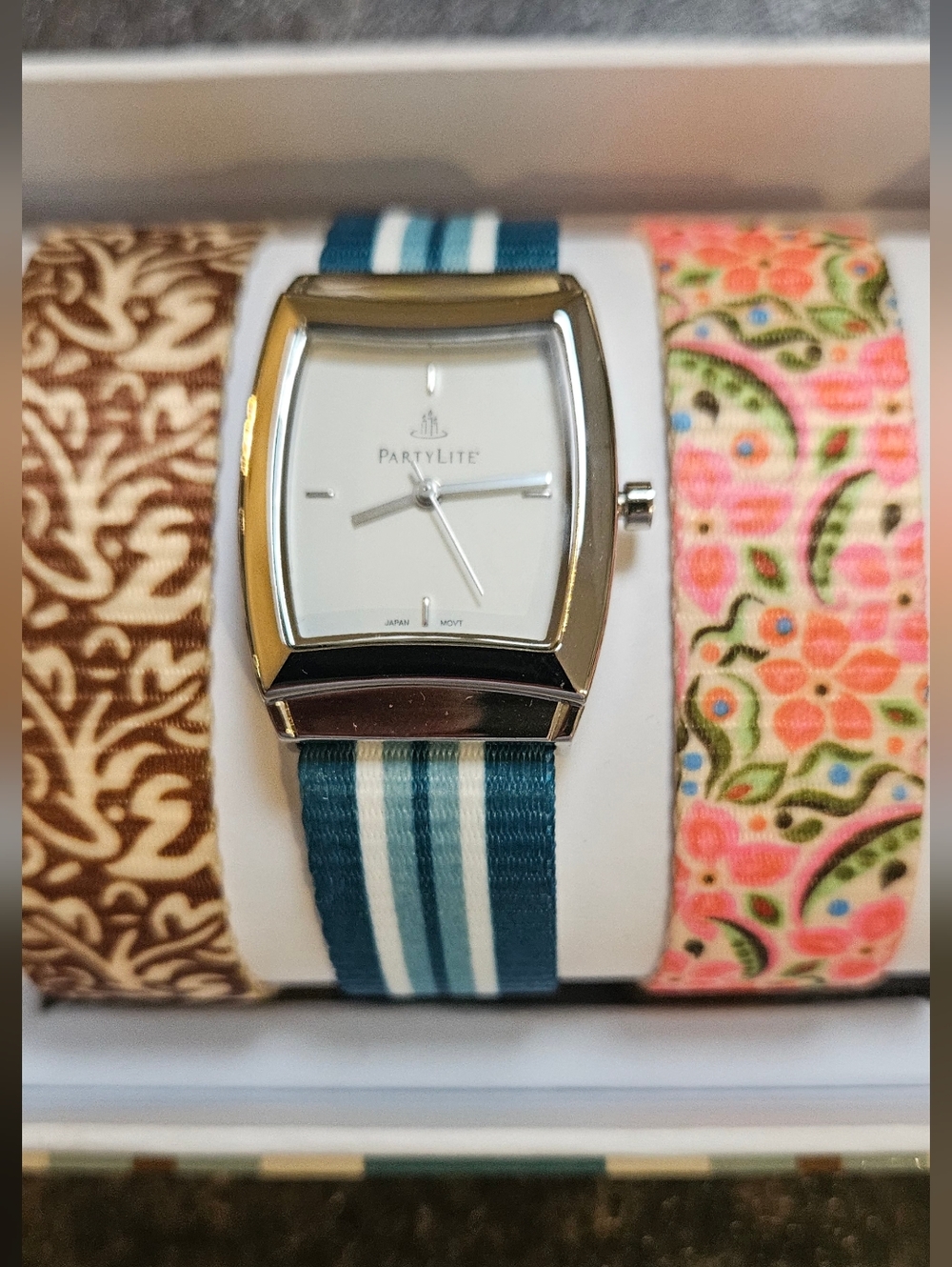 PartyLite Teal and White Stripe Women's Watch with Silver-Tone Case